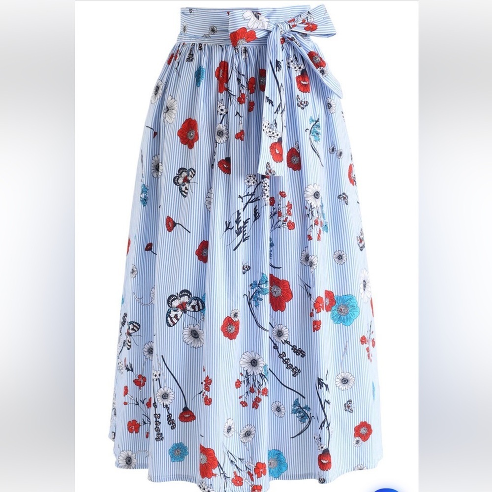 Chic Wish Floral Scene with Stripes Midi Skirt